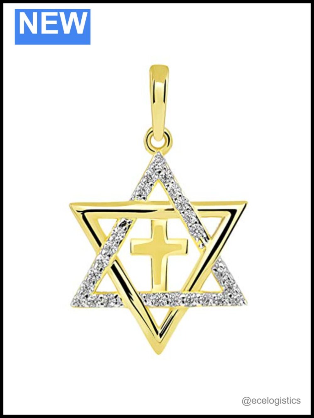 14k Yellow Gold CZ Star of David Cross Pendant
